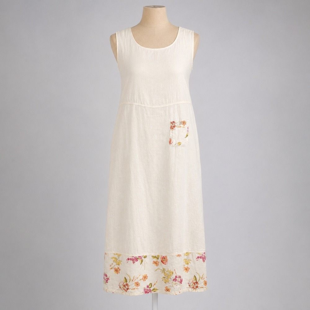 Vintage‎ 90s Floral Linen Maxi Dress Size S Cream Boho Coastal Cottage Lagenlook